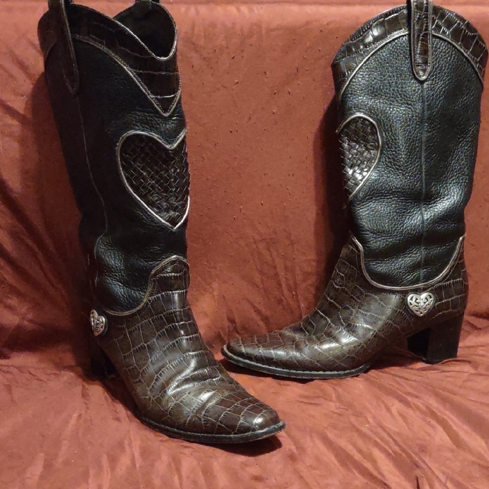 Brighton Dark Brown Croc-Embossed Heeled Boots